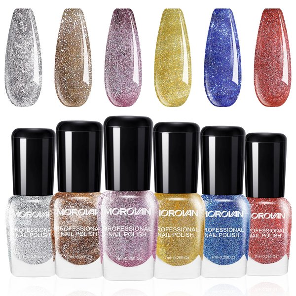 Morovan Nail Polish Set Fingernail: Galactic Glitter Gold Silver Red 6 Colors Shiny Collection Quick Dry Nail Polish Kit Regular Nail Polish Bulk 0.25oz Toenail Finger Nail Polish Gifts for Women