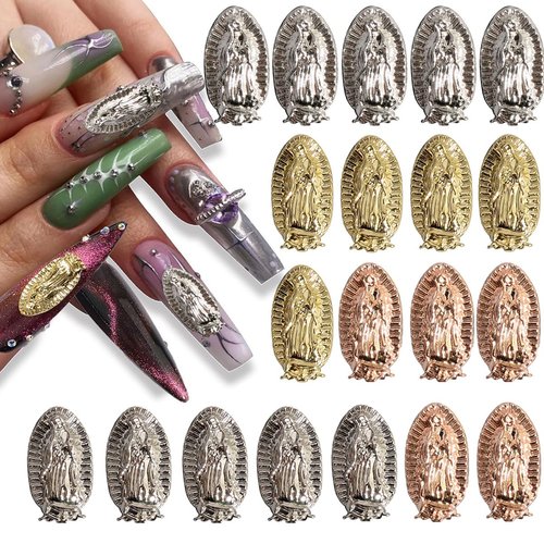 3D Embossed Virgin Mary Nail Charms - Virgen De Guadalupe Diamonds Nail Art Charms, Metal Nail Art Accessories for DIY Nail Art Design and Jewelry Making