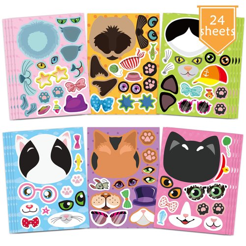 DUJAA 24 Sheets Cats Make a Face Stickers Make You Own Cats Stickers Animal Stickers for Kids, Birthday Gift Party Favors Supplies Teacher Art Craft, Games School Activity Reward