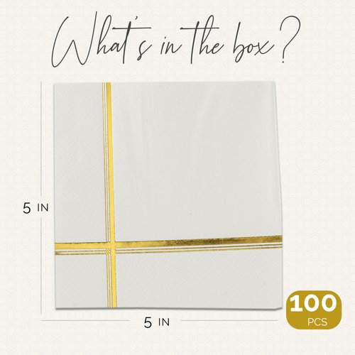 Fancy Gold Cocktail Napkins 100 PCS - 5x5 IN Gold Foil Lined Napkins 3ply Premium White and Gold Napkins for Dinner, Wedding, Holiday, Birthday - Disposable Paper Napkins with Gold Foil Trim Stripe