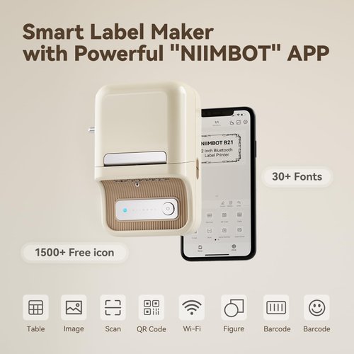 NIIMBOT B21 Label Maker, Thermal Label Printer, Portable Inkless Label Makers for Home/Office/Business, with 1 Pack 50x30mm White Label, Compatible with iOS & Android, (White)