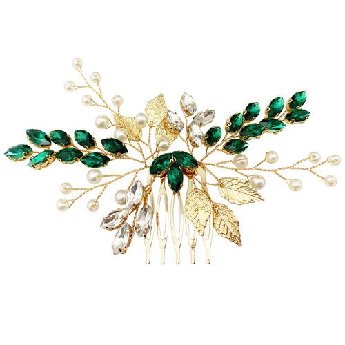 Bride Wedding Hair Comb Crystal Rhinestone Pearls Silver Leaf Hair Piece Accessories for Women Girls Homecoming Party (Green)