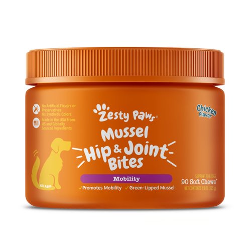 Zesty Paws Mussel Mobility Bites for Dogs - New Zealand Green Lipped Mussel with Natural Glucosamine & Chondroitin + Omega-3 Fatty Acids - Hip & Joint Support Supplement Soft Chews – 90 Count