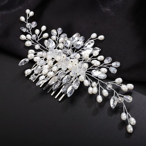 Teyglen Crystal Bride Wedding Hair Comb Silver Pearl Rhinestone Hair Piece for Bride Pearl Wedding Hair Side Comb Flower Bridal Hair Accessories for Women Girls(Silver)