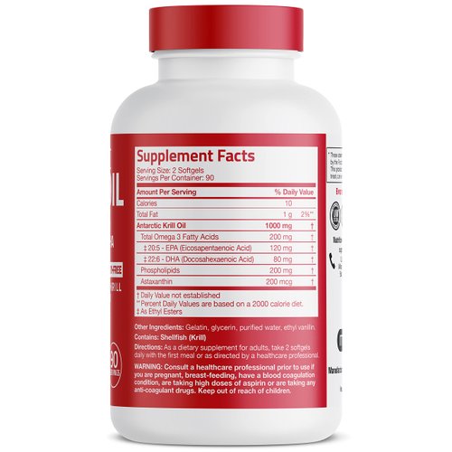 Bronson Antarctic Krill Oil 1000 mg with Omega-3s EPA, DHA, Astaxanthin and Phospholipids 180 Softgels