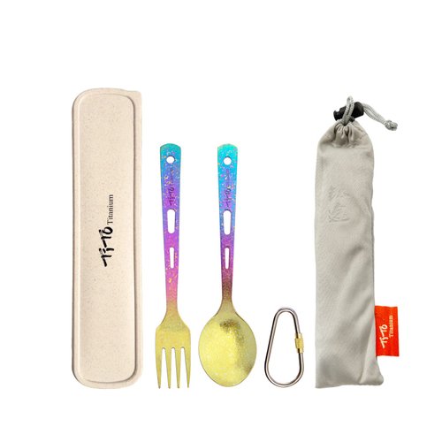 TiTo Titanium Cutlery Set Outdoor Camping Ultra Lightweight Tableware Spoon Knife Spork for Backpacking, Hiking, Travel, Home with Box and Cloth Bag (Colorful Set)
