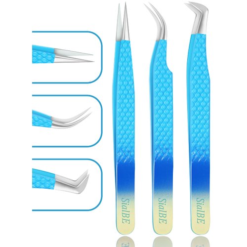 Eyelash Extension Tweezers-3 Pcs Diamond Grip Lash tweezers For Eyelash Extensions-SialBE Straight And Curved L-Shape Eyelash Tweezers, Tweezers For Eyelash Extensions With Silver Tip