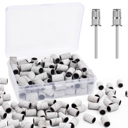 Rolybag Sanding Bands for Nail Drill,Nail Sanding Bands 180# Zebra with Storage Box,Include 100 Fine Sanding Bands and 2 Pieces Mandrel for Most Size 3/32" Nail Drill Machine