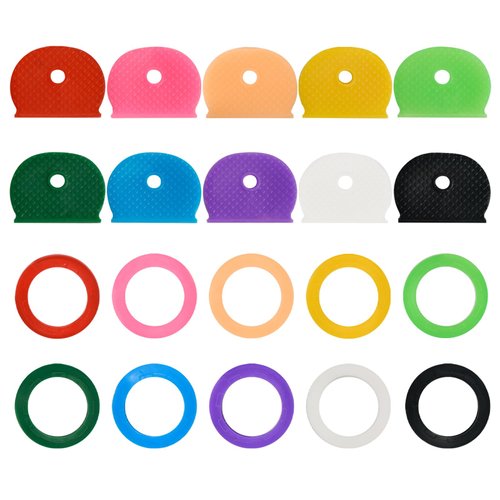 Simetufy 70 Pcs Key Cap Tags, Key Covers Caps, 10 Assorted Colors & 2 Shape Key identifiers with Box, fits Standard Flat House Keys