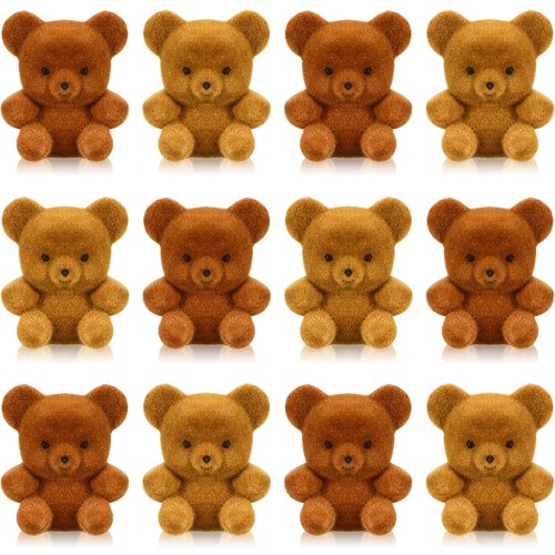 Deekin 36 Pcs Mini Flocked Bear Miniature Stuffed Plush Bear Tiny Decoration for Birthday Cake 1'' Valentine's Day Party Favor Small Bag Charm for Baby Shower Wedding DIY Supplies, Brown, Light Brown