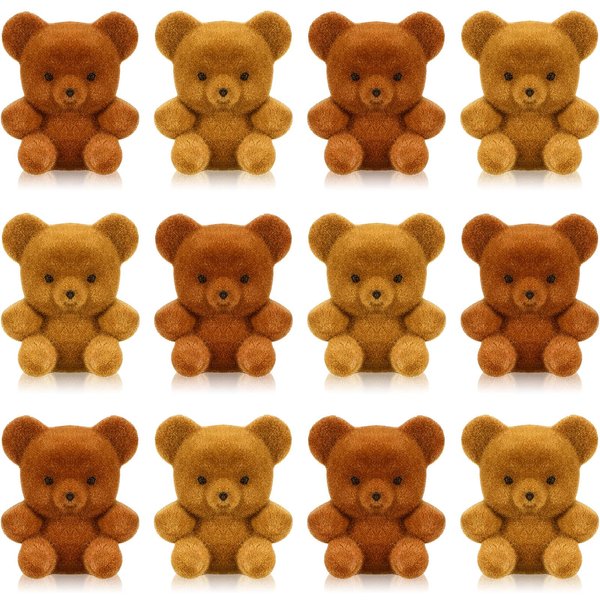 Deekin 36 Pcs Mini Flocked Bear Miniature Stuffed Plush Bear Tiny Decoration for Birthday Cake 1'' Valentine's Day Party Favor Small Bag Charm for Baby Shower Wedding DIY Supplies, Brown, Light Brown