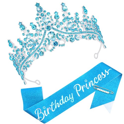 CAVETEE Princess Crown and Birthday Princess Sash,Blue Birthday Tiara With Glitter Sash for Princess Party Decorations Happy Birthday Accessories Birthday Crown and Tiara for Women Girls