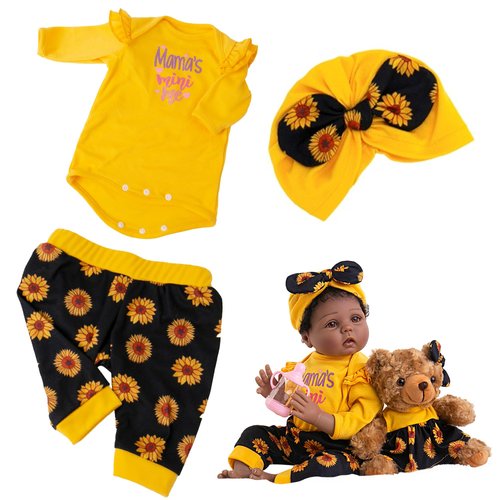 Aori 2.0 Reborn Baby Dolls Clothes, Baby Doll Clothes Outfit for 22"- 24" Reborn Doll Girl, Newborn Baby Doll Clothes Yellow Sunflower Pattern 3 Pieces Set