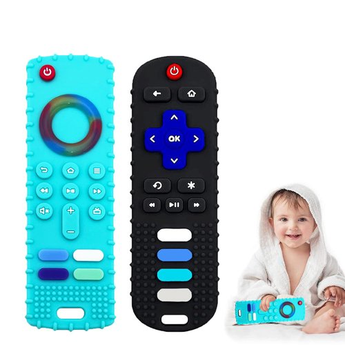 Baby Teether Toy, TV Remote Control Shape Teething Baby Toys for Infants, Baby Chew Remote Teether Toys for Babies 3-24 Months,BPA Free(Black+Green)