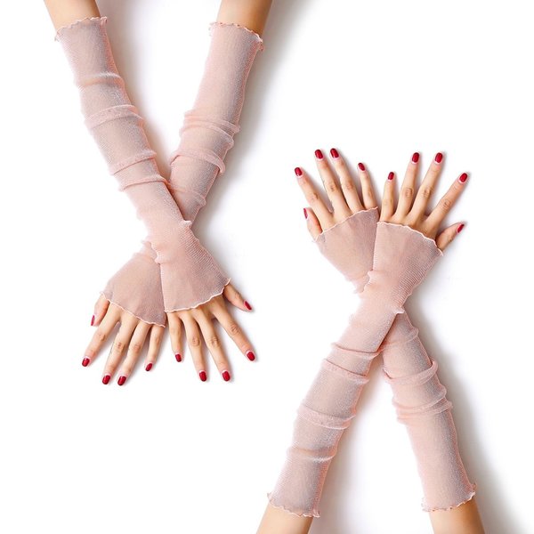 MUYDZ 2 Pair Women's Long Arm Sleeves with Lace Mesh Tulle Gloves, Cooling and Warming Dual Purpose Sun Sleeves for Women, Girls Party and Outdoor Activities (Pink)