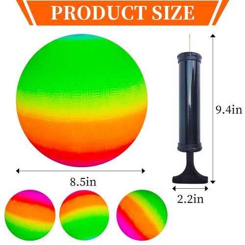Visen 4Pcs Rainbow Playground Balls for Kids&Adults with 1 Hand Pump,8.5Inch Colorful Rubber Bouncy Balls,Inflatable Multi Colors Kick Balls Handball,Durable Indoor&Outdoor Play Toys (Orange)