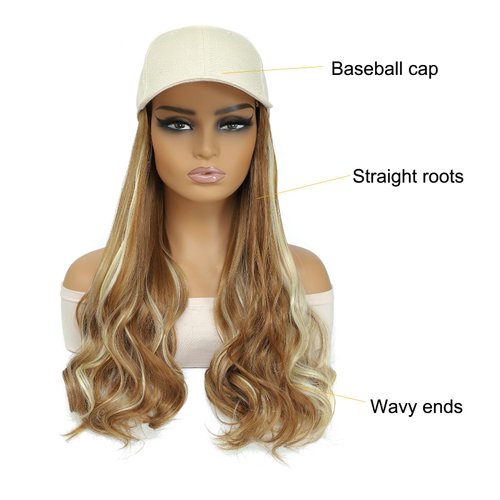 Yunkang Hat Wig Baseball Cap With Long Wavy Ends Straight Hair Extensions Attached Heat Resistant Synthetic Fiber Hair Replacement Wigs in Hat for Woman Girls (MHoney blonde, 18inch)