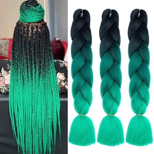 YUDAOHAIR 3 Pcs/Lot Braiding Hair Extensions for Women High Temperature Synthetic Ombre Jumbo Braids Hair for Twist Crochet Braiding Hair (24 Inch, black-dark green-green)