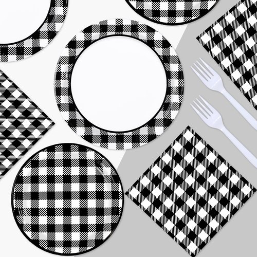 96 Pcs Black and White Gingham Party Supplies 350 GSM Disposable Black and White Buffalo Checked Paper Plates and Napkins Tableware Set for BBQ Picnic Race Car Birthday Party Decorations Serves 24