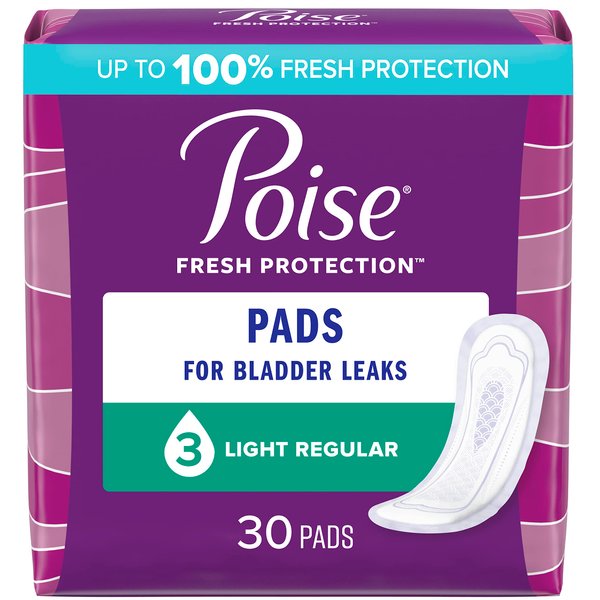 Poise Incontinence Pads & Postpartum Incontinence Pads, 3 Drop Light Absorbency, Regular Length, 30 Count, Packaging May Vary