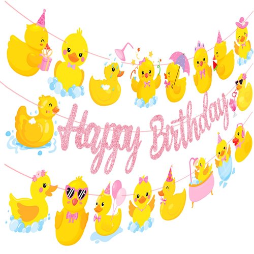 Duck Birthday Party Banners 3Pcs Rubber Duck Birthday Decorations Glitter Pink Duck Party Hanging Banners Decorations for Rubber Duck Girls Baby Shower Supplies
