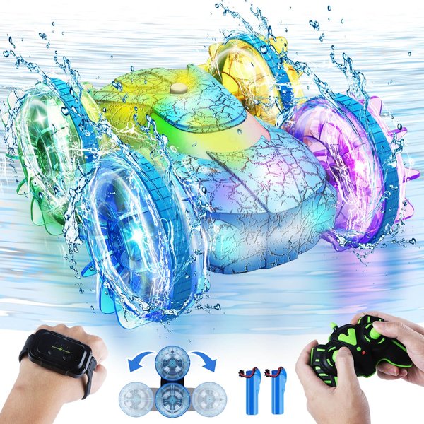 Amphibious Remote Control Car 4WD Waterproof RC Car Gesture Remote Control Boat 360° Rotation Stunt RC Boat with Lights Water Beach Pool Toys for Kids Ages 4-8-12 Gifts for 6 7 9 Year Old Boys Girls