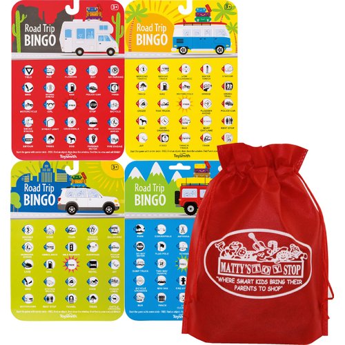 Toysmith Road Trip Bingo Cards Red, Blue, Green & Orange Gift Set Travel Bundle with Bonus Matty's Toy Stop Storage Bag - 4 Pack