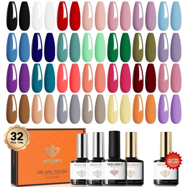 modelones 32 PCS Gel Nail Polish Set, 28 Colors Fall Winter Gel Polish with No Wipe Base Coat, Glitter & Glossy & Matte Top Coat Black Brown Red Purple Soak Off LED Nail Art Kit Salon at Home
