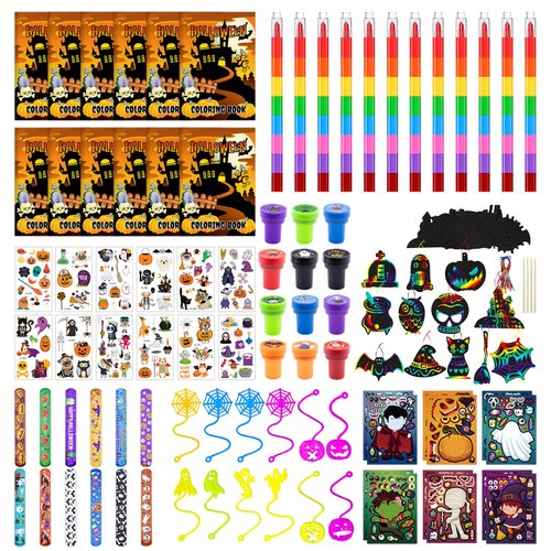 Halloween Party Favors, Halloween Coloring Books with Crayons School Exchanging Gifts Tattoo DIY Sticker Stampers Paper Crafts Slap Bracelets Sticky Hands Halloween Class Treat Prizes 96 PCS