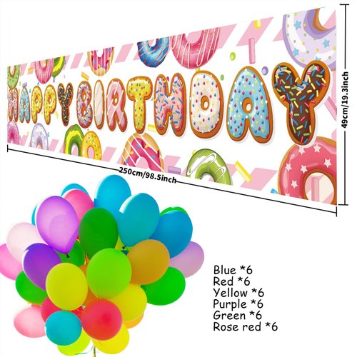 Toylin 36pcs Happy Birthday Decoration Banner for Girls,Donut Birthday Yard Banner With Colorful Latex Balloons for Birthday Anniversary Party Decorations Supplies Fence Yard Sign Photo Background