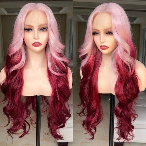 FABÉLLE Pink Wig Lace Front Wigs 30 Inch Glueless Wig Body Wave for Women Pre Plucked with Baby Hair Gradient Pink Color Synthetic Wig