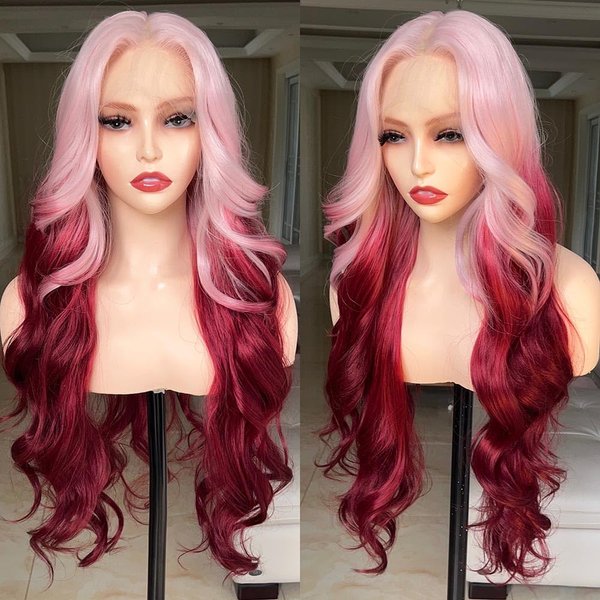 FABÉLLE Pink Wig Lace Front Wigs 30 Inch Glueless Wig Body Wave for Women Pre Plucked with Baby Hair Gradient Pink Color Synthetic Wig