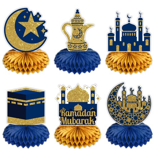 Ramadan Mubarak Honeycomb Centerpiece Decoration Table Toppers Eid Mubarak Holiday Party Honeycomb Desk Toppers Party Supplies Ramadan Kareem Honeycomb Table Centerpieces Party Favors - 6 Counts