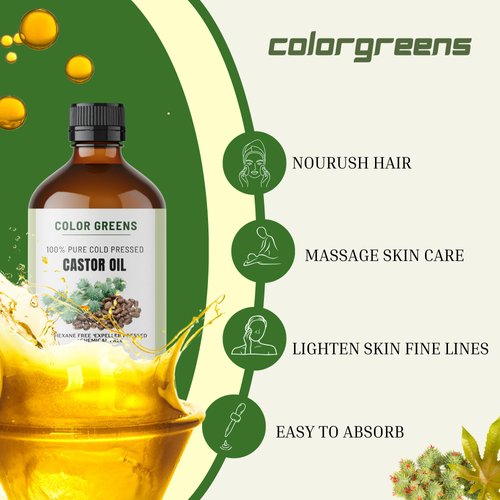 Colorgreens Rich & Pure Castor Oil 16oz—Empower Your Beauty Routine: Deep-moisturizing body Oil, Face Oil, Hair Oil for curly, Wavy, or Straight Hair, Lashes, Eyebrows, and dry Skin Massage Oil.