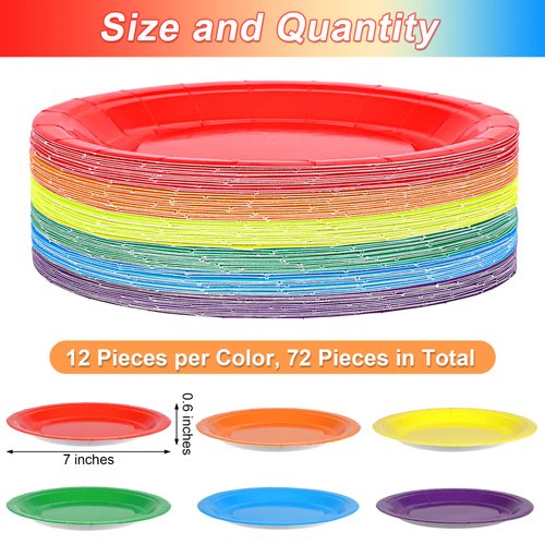 ADXCO Paper 72pcs 7inch Rainbow Plates, Waterproof, Durable, Disposable Party Supplies for Birthday, Picnic, Baby Shower, All Seasons, 6 Colors
