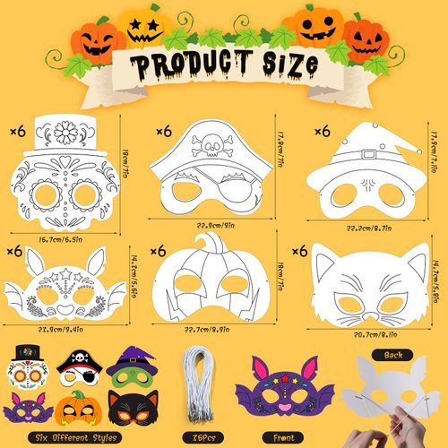 Fjoron 36 PCS Color Your Own Halloween Mask Craft Kit DIY Blank Paper Halloween Masks Halloween Party Crafts Halloween Cosplay Dress Up Home Activity Coloring Game