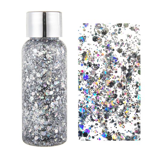 MAEPEOR Chunky Face Body Glitter Gel 19 Colors Mermaid Sequins Holographic Body Glitter Gel Long-Lasting Festival Makeup Glitter Paint for Face Body Hair Nails (30g, #001 Silver)