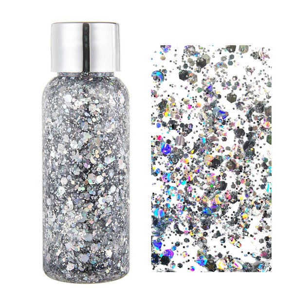 MAEPEOR Chunky Face Body Glitter Gel 19 Colors Mermaid Sequins Holographic Body Glitter Gel Long-Lasting Festival Makeup Glitter Paint for Face Body Hair Nails (30g, #001 Silver)
