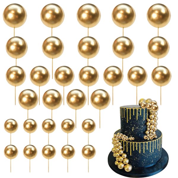 24 PCS Balls Cake Toppers Ball Cake Picks Ball Shaped Cupcake Toppers Foam Balls Cake Topper Insert Mini Balloons Cake Decorations for Wedding Anniversary Baby Shower Birthday Party Supplies Gold