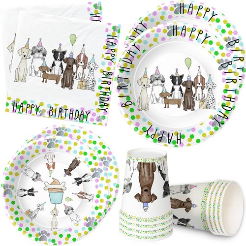 Xigejob Dog Birthday Party Supplies Tableware - Puppy Dog Party Decorations, Plates, Cups, Napkins, Dog Theme Baby Shower Dinnerware | Serve 24