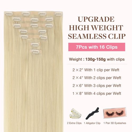 GOO GOO Clip in Hair Extensions Real Human Hair, 16inch 130g 7Pcs, 60A Platinum Blonde, Remy Human Hair Extensions Clip ins for Women, Natural Human Hair