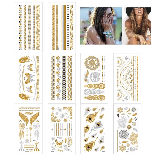 iLamdeetek Temporary Tattoos, 10 Sheets Metallic & Flash Gold, Waterproof Long Lasting 3D Fake Tattoo Stickers for Adult Kids Birthday, Halloween Party Decoration