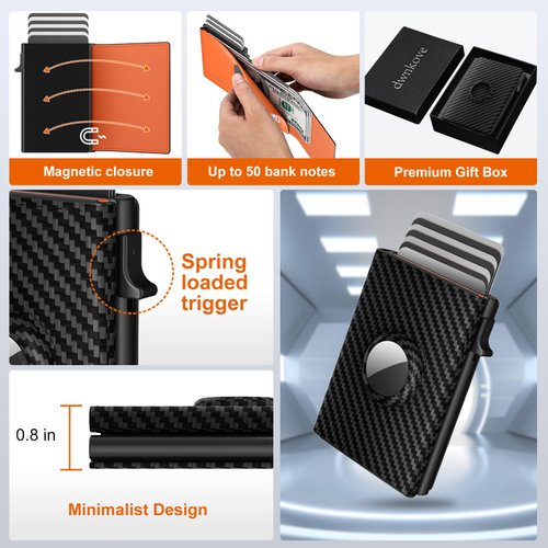 AirTag Wallet for Men, Minimalist Credit Card Holder for Apple Air Tag, RFID Blocking, Pop up Card Case, Premium Genuine Leather Carbon Fiber, Smart, Slim, 9-14 Card Capacity | ID Window | Cash Slot