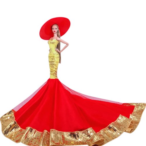 Red Golden Fishtail Wedding Dress for 11.5" Doll Clothes Outfits Party Gown & Hat 1/6 Dolls Accessories