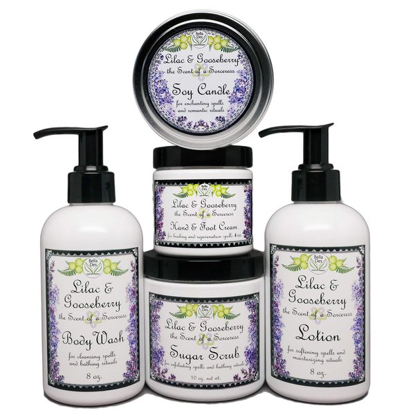 Lilac and Gooseberry Bath & Body Set | Lotion, Body Wash, Candle Tin, Scrub, and Hand & Foot Cream | Full Size Products | Yennefer Perfume Scent of a Sorceress by Bella Des Natural Beauty
