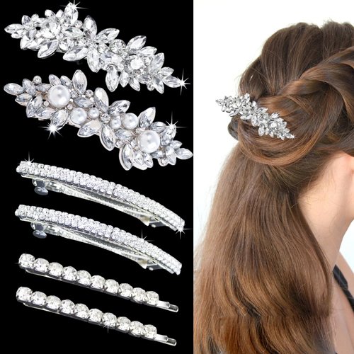 6 Pcs Hair Barrettes for Women Rhinestone Bridal Flower Pearl Hair Clip Elegant Bridal Silver Crystal Hairpins Wedding Accessories for Women Girls