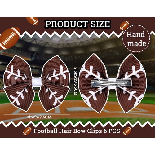 Whaline 6Pcs Football Bow Hair Clips Brown and White Football Cheer Hair Barrettes Grosgrain Ribbon Alligator Clips Sports Theme Hair Accessories