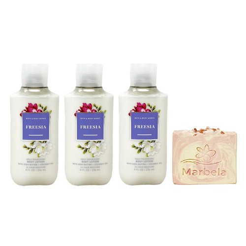 Bath & Body Works Freesia 3 Piece Body Lotion Value Pack with a Himalayan Salts Springs Bar Soap - Full Size