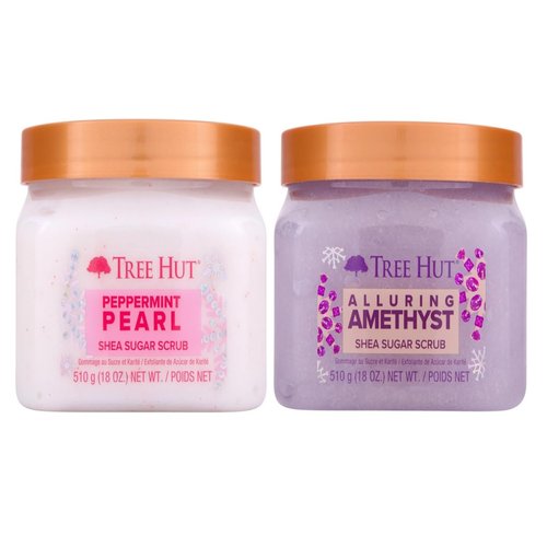 Tree Hut Peppermint Pearl Shea Sugar Exfoliating, Hydrating Body Scrub, 510 g And Tree Hut Alluring Amethyst Shea Sugar Exfoliating, Hydrating Body Scrub, 510 g