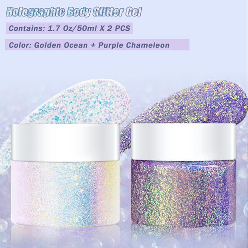 Holographic Body Glitter Gel for Body, Face, Hair and Lip Color Changing Sparkling Face Glitter Gel Mermaid Sequins Glitter Face Paint for Women Girls Music Festival Concerts Party, 50ml x 2